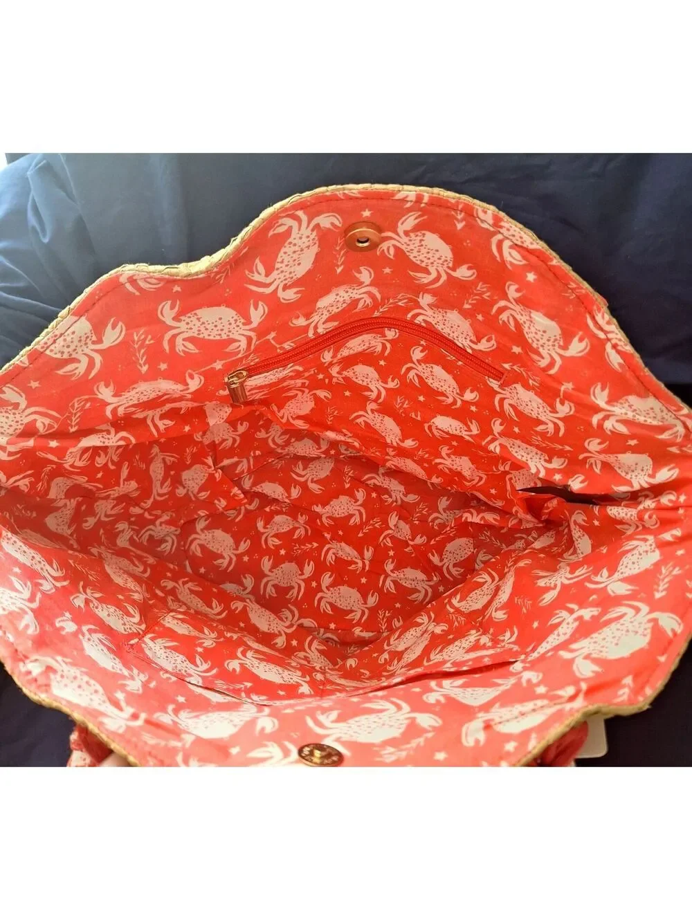 NWT Lulu Crab Woven Wicker Straw Beach Tote Pink Coral Scarf Handles 3 Pockets